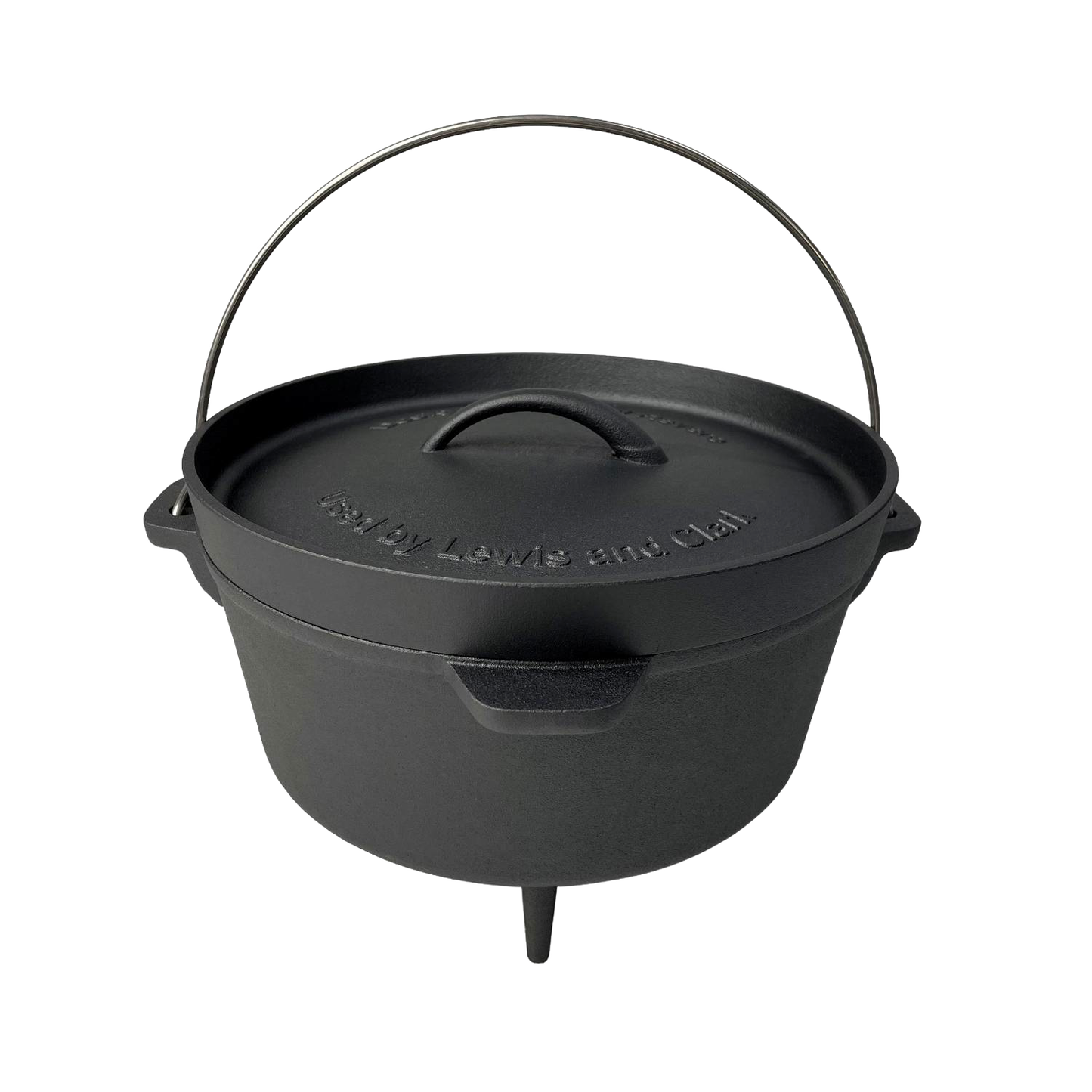 Black nitrogen hardened cast iron camp Dutch oven with lid, carrying handle, and three legs from kitchenware collection