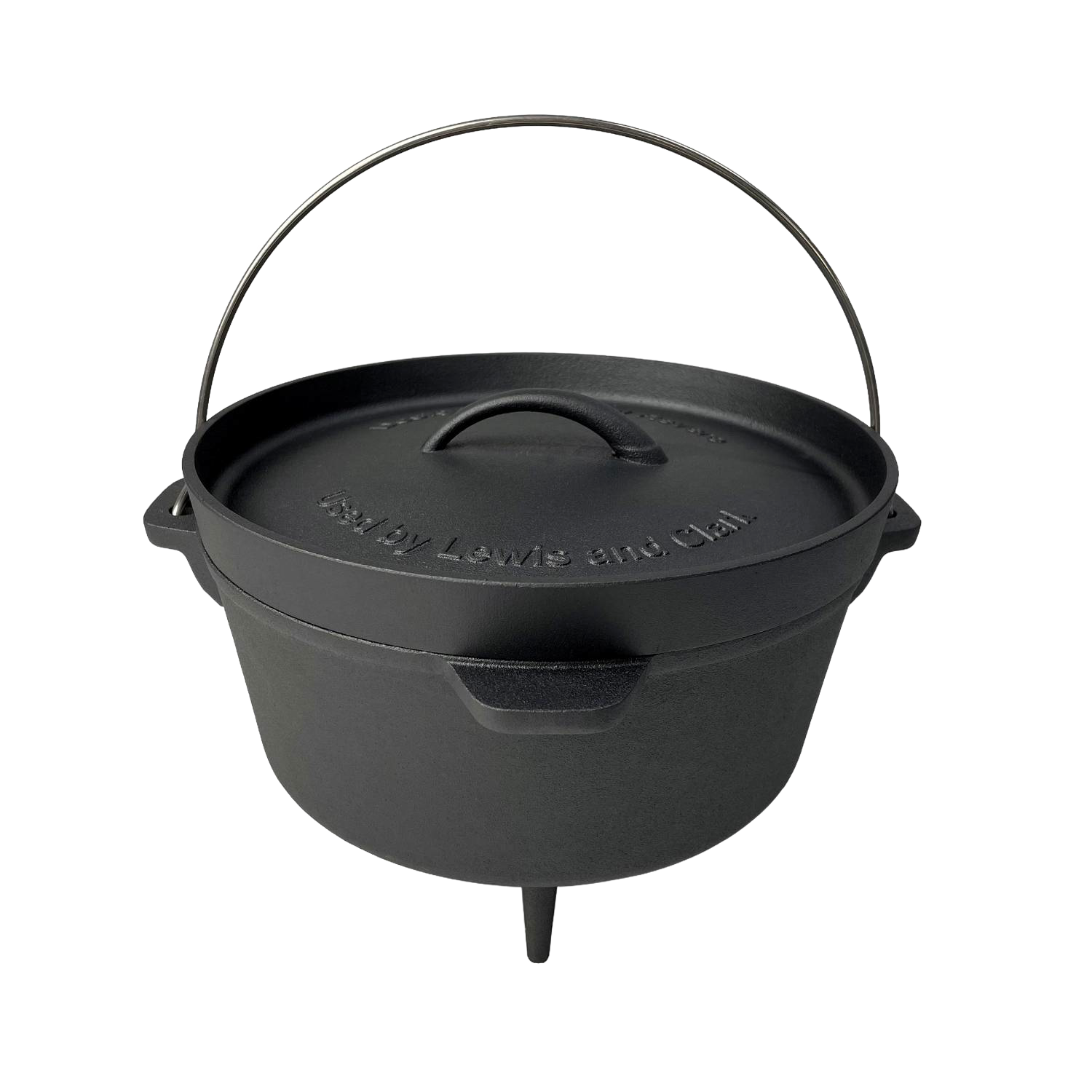 Black nitrogen hardened cast iron camp Dutch oven with lid, carrying handle, and three legs from kitchenware collection