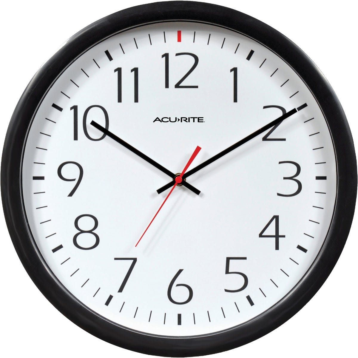 Round office wall clock with black frame, bold black numerals, and red second hand for easy time reading