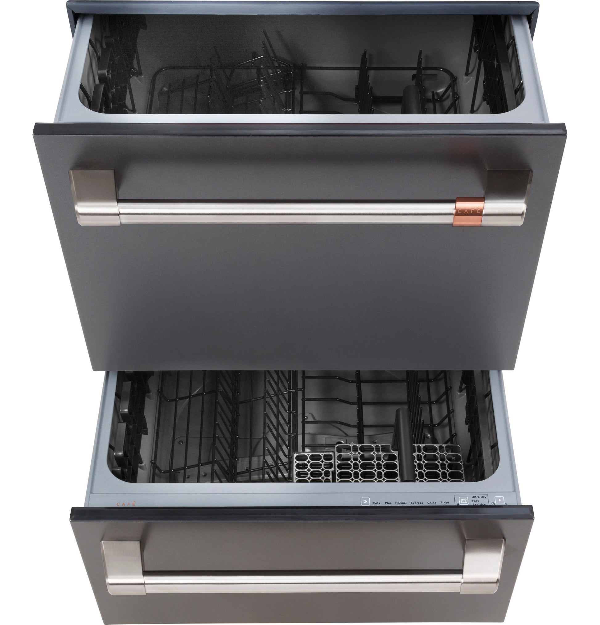 Open double drawer dishwasher in dark matte finish with stainless steel handles from built-in dishwashers collection