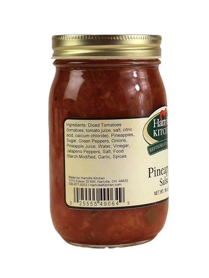 Glass jar of Hartville Kitchen pineapple salsa with gold metal lid, part of Hartville Salsa and Food & Beverage collections