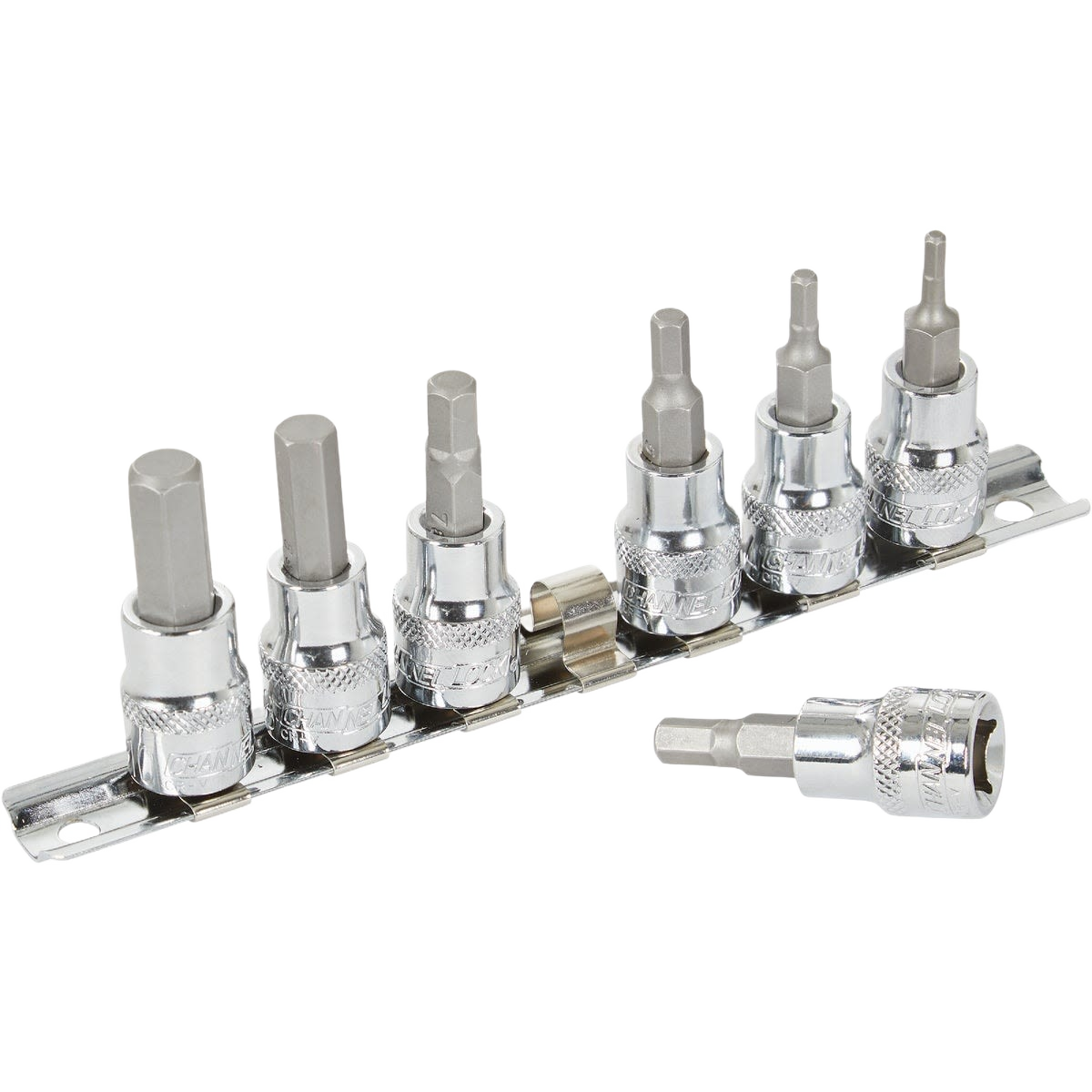 Seven-piece chrome vanadium steel metric hex bit socket set with textured grip for hand tools and woodworking collections