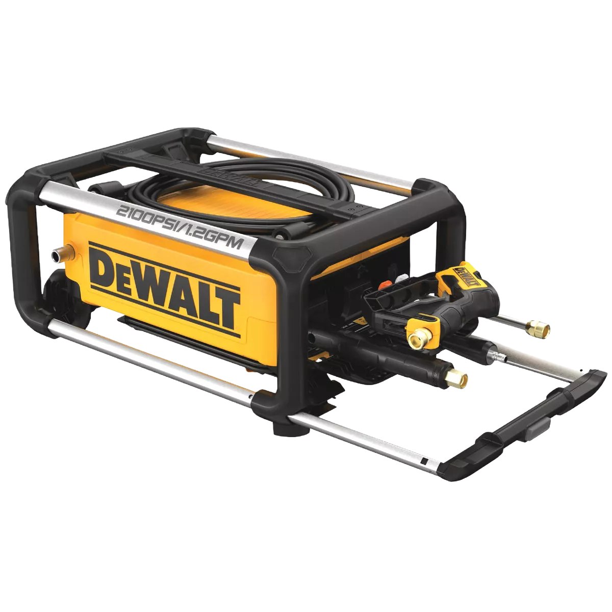 Compact DEWALT electric pressure washer in yellow and black featuring 2100 psi and 1.2 GPM, designed for outdoor power equipment and home improvement tasks.