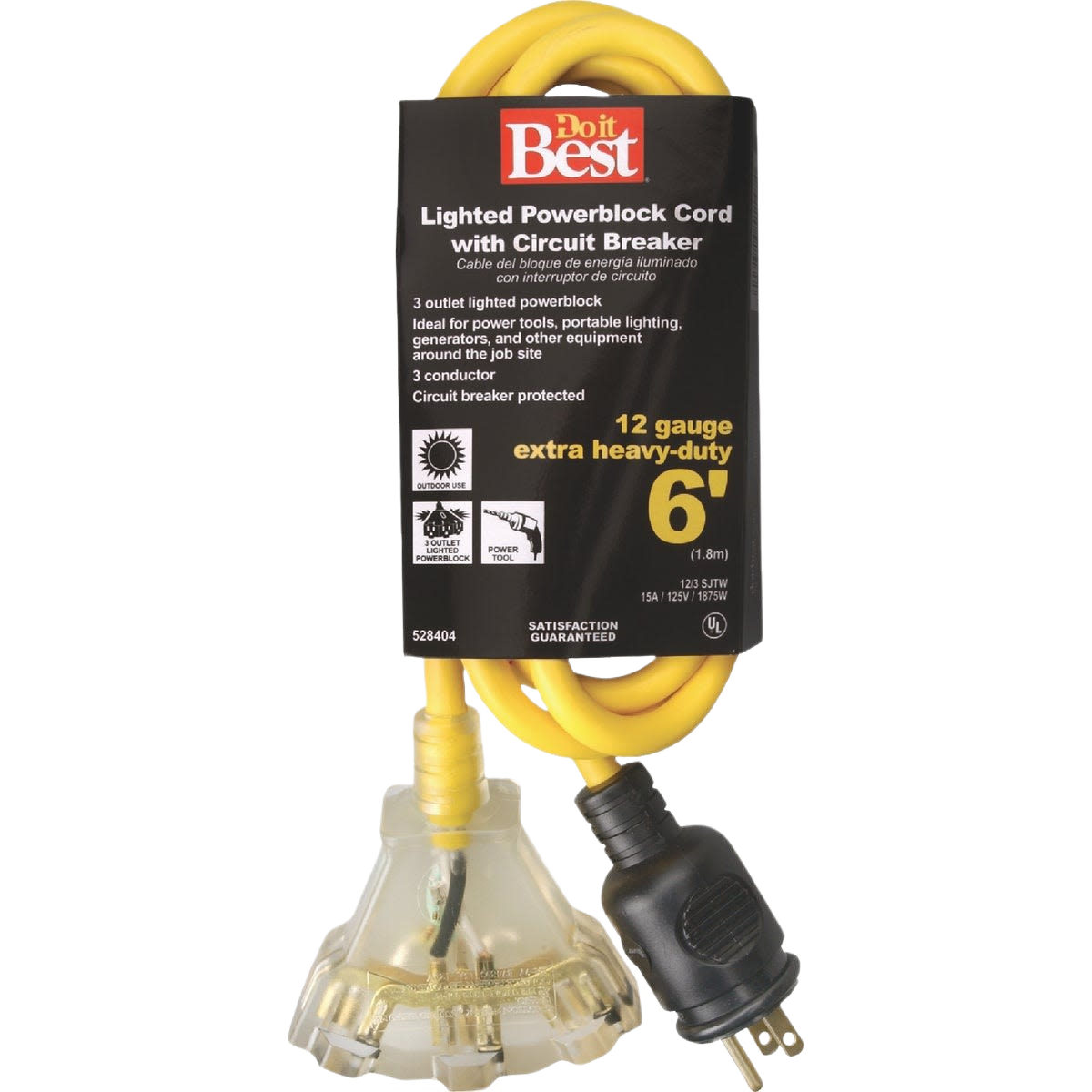 Yellow heavy-duty extension cord with circuit breaker protected powerblock and three outlets for home improvement tasks