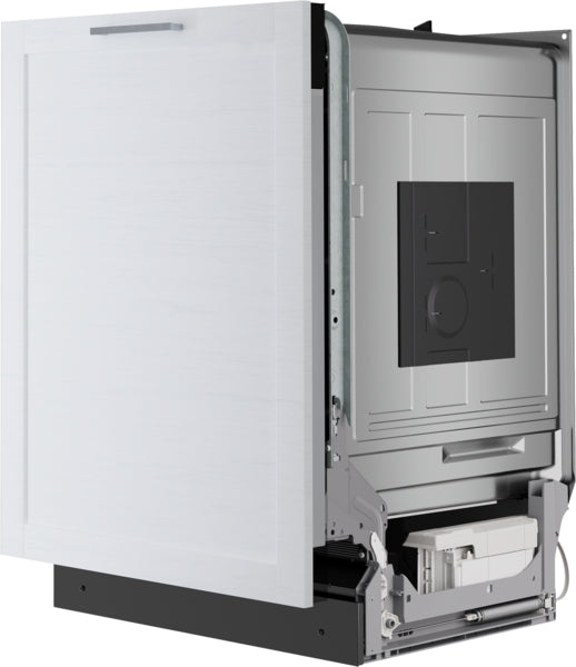 Partially assembled built-in dishwasher with white front panel and visible interior components from Bosch appliances collection