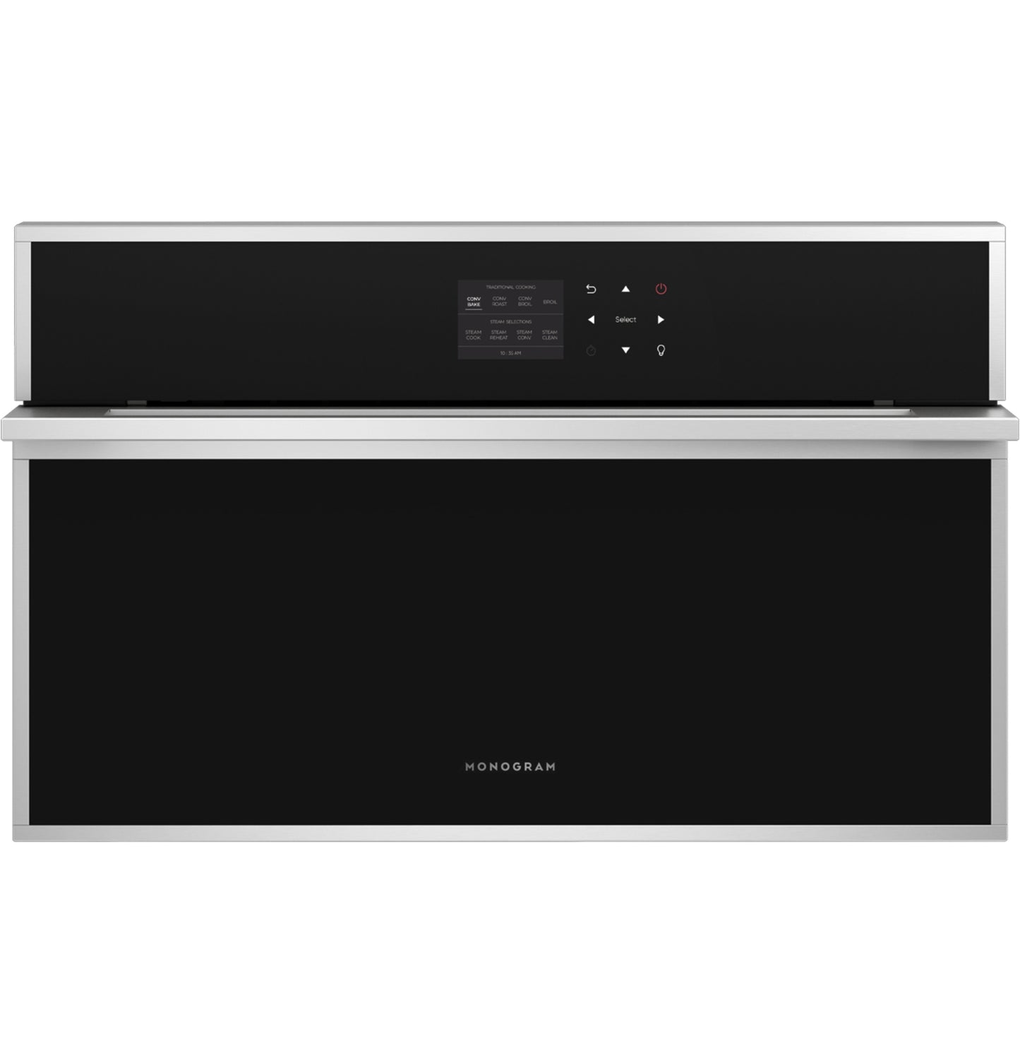 Minimalist wall oven with black glass front and digital control panel in modern kitchen appliance collection