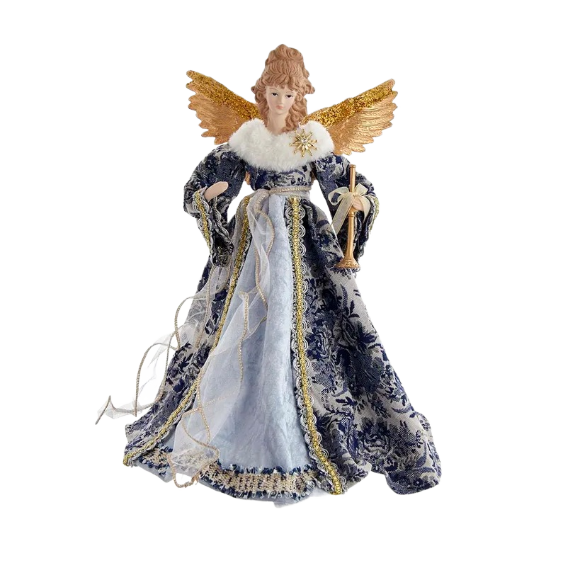 Decorative angel tree topper with indigo blue velvet gown, gold wings, and white faux fur collar for holiday decor