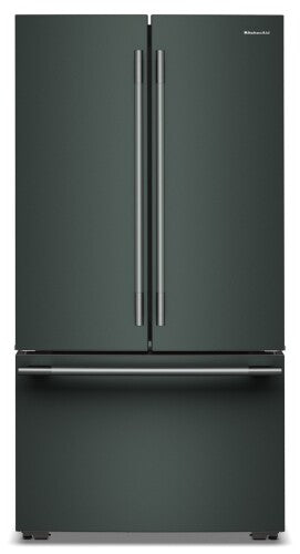 Counter-depth French door refrigerator in dark finish with bottom freezer drawer and sleek vertical handles from KitchenAid appliances collection