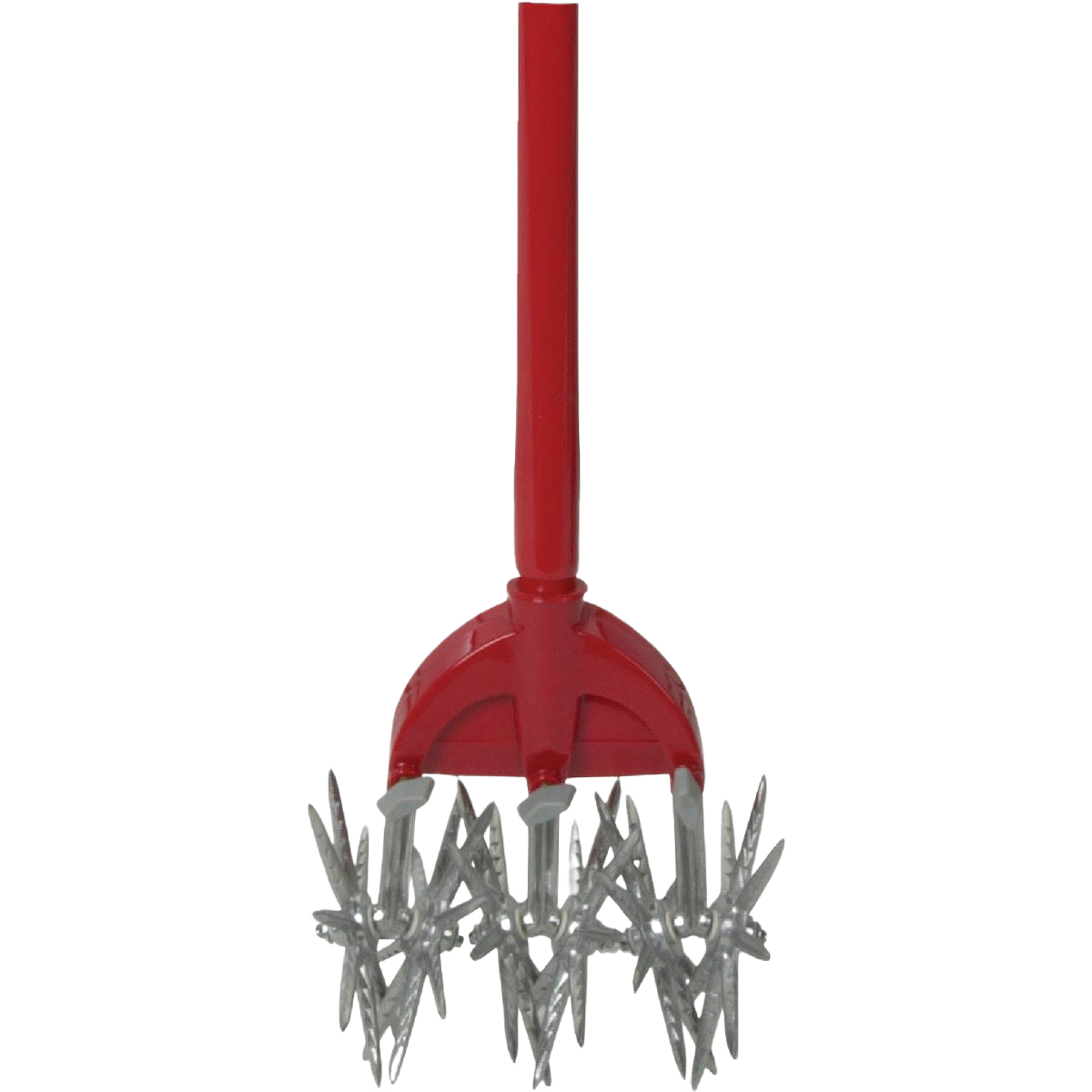 Steel garden cultivator with red handle and curved tines for soil aeration in outdoor and gardening hand tools collections