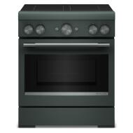 Dark gray freestanding induction range with four control knobs and glass oven door in Ranges and KitchenAid collections