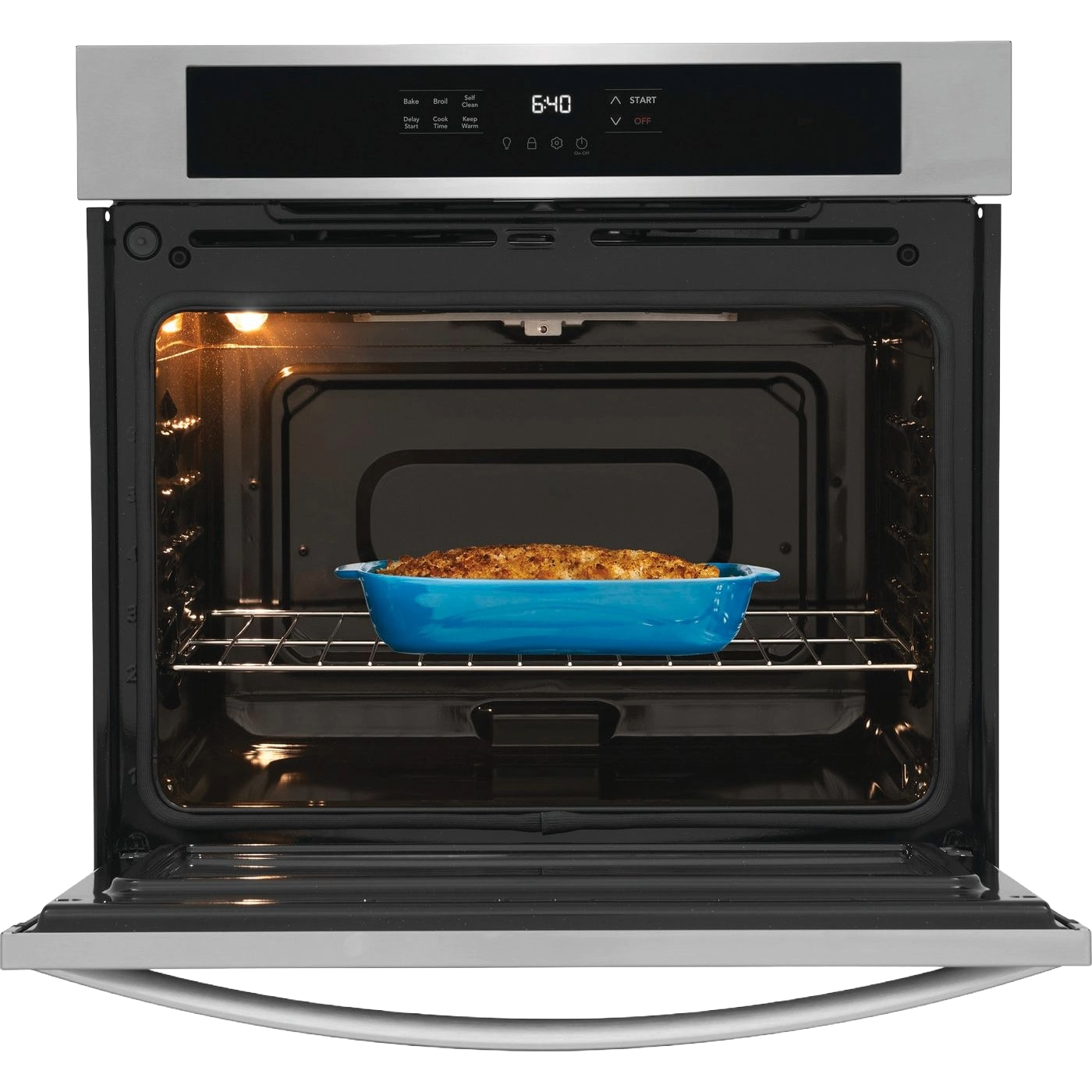 Stainless steel 30" electric wall oven with digital display and casserole baking inside from kitchen appliances collection