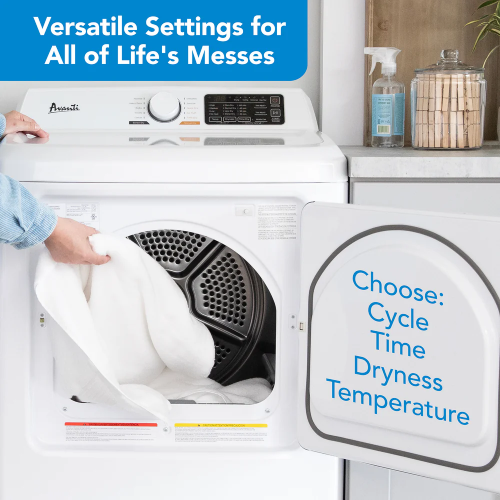 Front load natural gas dryer with open door and person loading white laundry in a home appliance setting