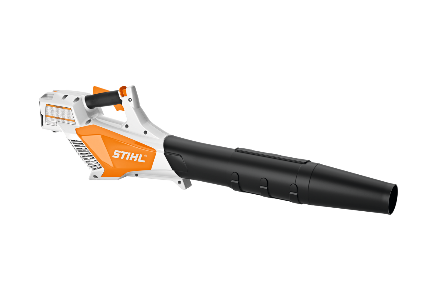 Compact cordless blower with ergonomic handle in white, orange, and black for outdoor tools and home improvement tasks