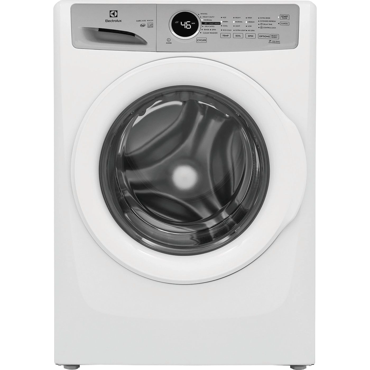 White front load washer with digital display and control panel, part of front load washers and appliances collection