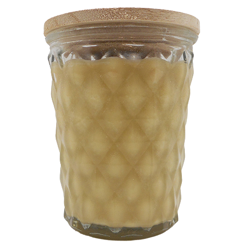 12 oz. pumpkin caramel drizzle scented candle in textured glass jar with wooden lid for home ambiance and decor