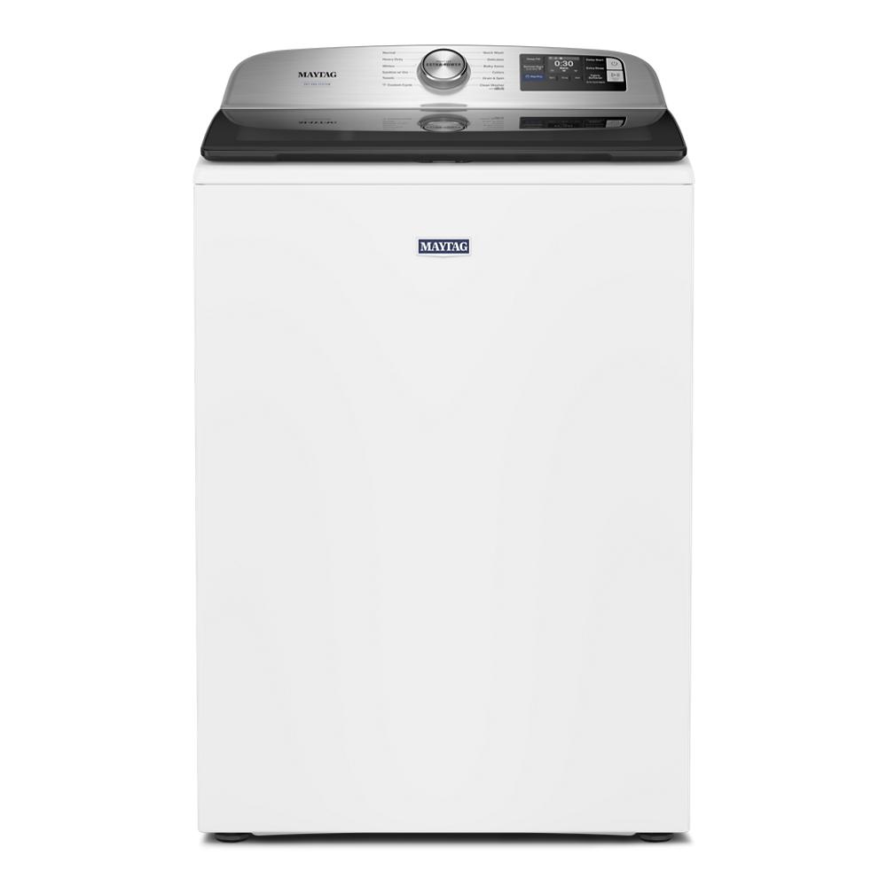 White top load washer with digital controls, agitator, and stainless steel accent in Washers and Appliances collections
