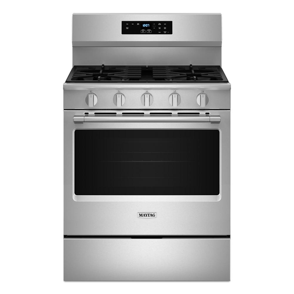 Stainless steel 30-inch wide gas range with digital controls, five burners, and large oven for kitchen appliances and home improvement