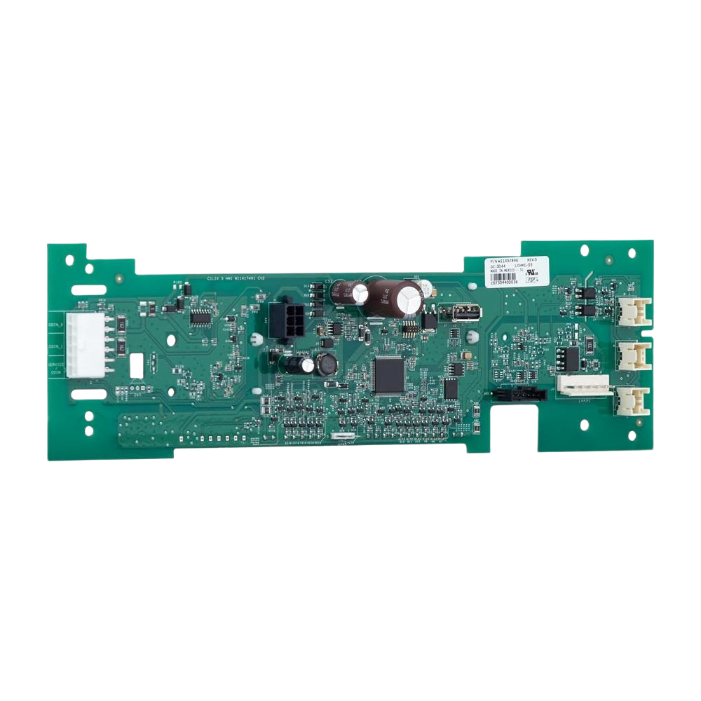 Green printed circuit board with capacitors and connectors for appliance electronics in Dryers and Appliances collections