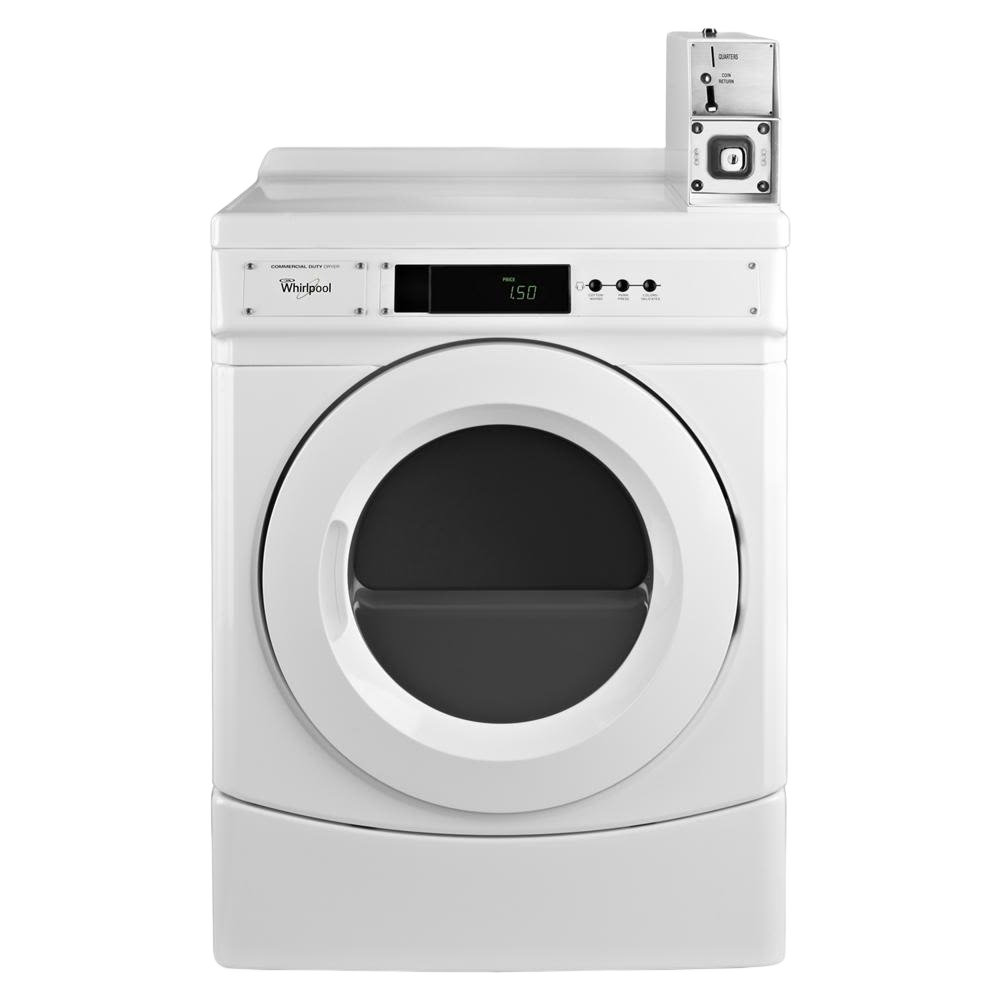 White commercial front-load electric dryer with factory-installed coin drop and digital timer for electric dryers collection