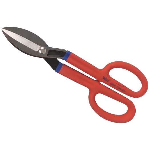 Red-handled tin snips with straight blades designed for precise cutting in woodworking and hand tool collections