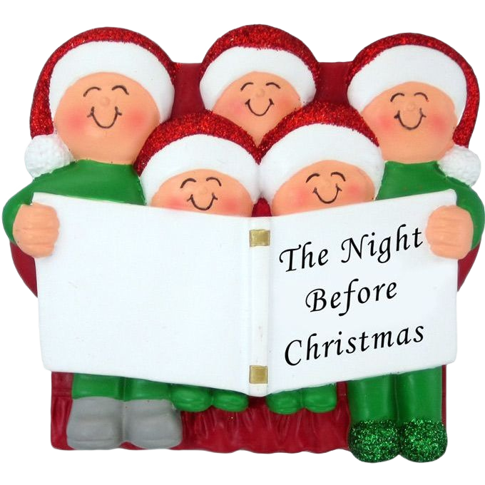 Personalized Christmas ornament with five smiling figures in festive hats reading The Night Before Christmas for holiday decor