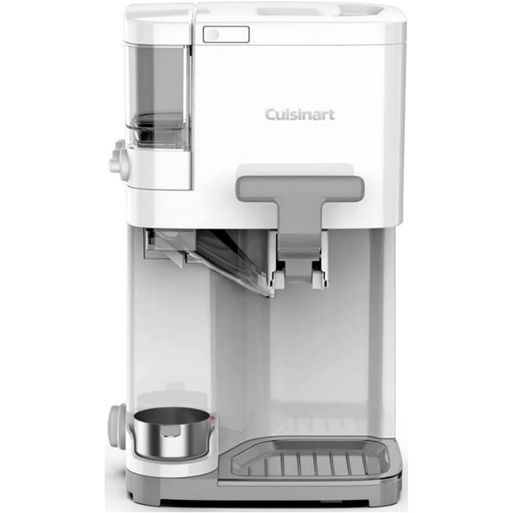 Compact white soft serve ice cream maker with clear ingredient hopper and stainless steel mixing cup holder