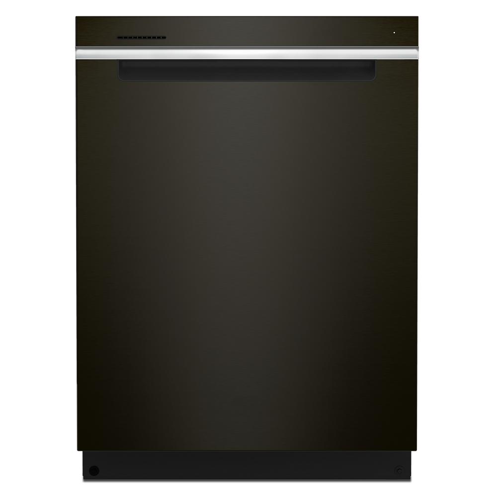 Front view of a black stainless steel built-in dishwasher with recessed handle for kitchen appliances collection