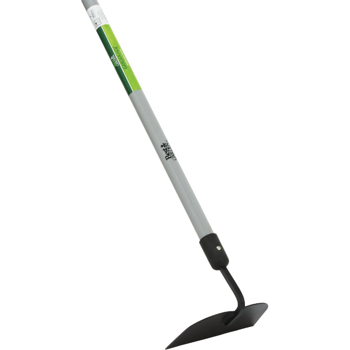 Fiberglass long handle hoe with a black curved blade designed for efficient garden soil cultivation and weed removal