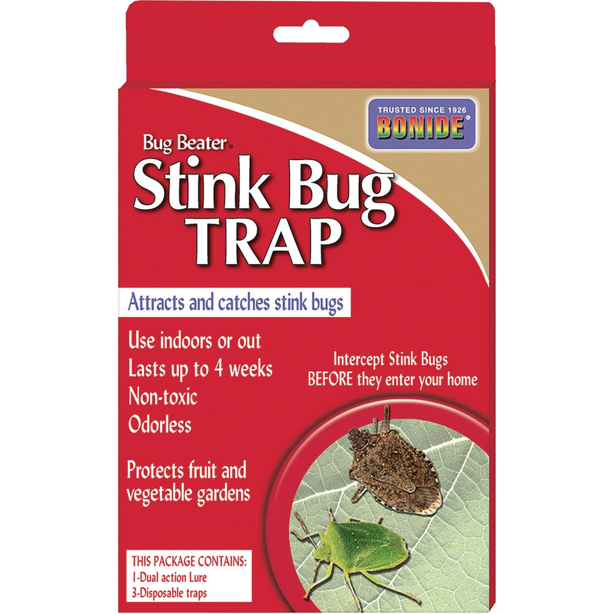 Red and tan stink bug trap packaging with insect images for indoor and outdoor pest control under $50 collections