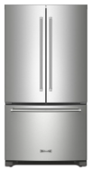 Stainless steel panel-ready French door refrigerator with bottom freezer drawer and vertical handles in kitchen appliance collection
