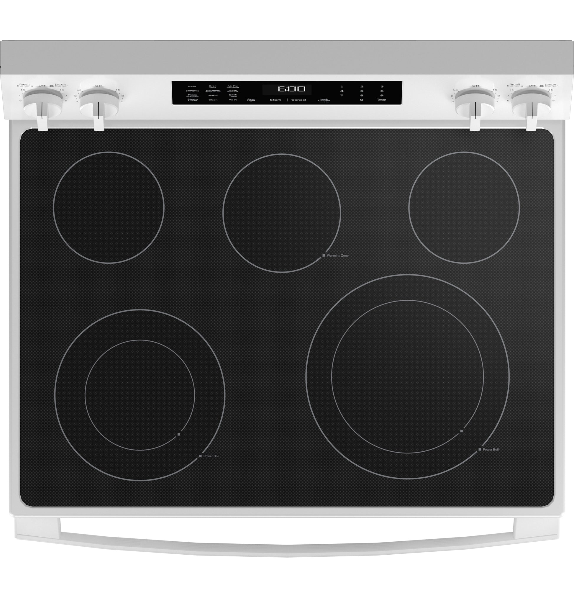 White free-standing electric range with smooth black glass cooktop and digital controls in kitchen appliances collection