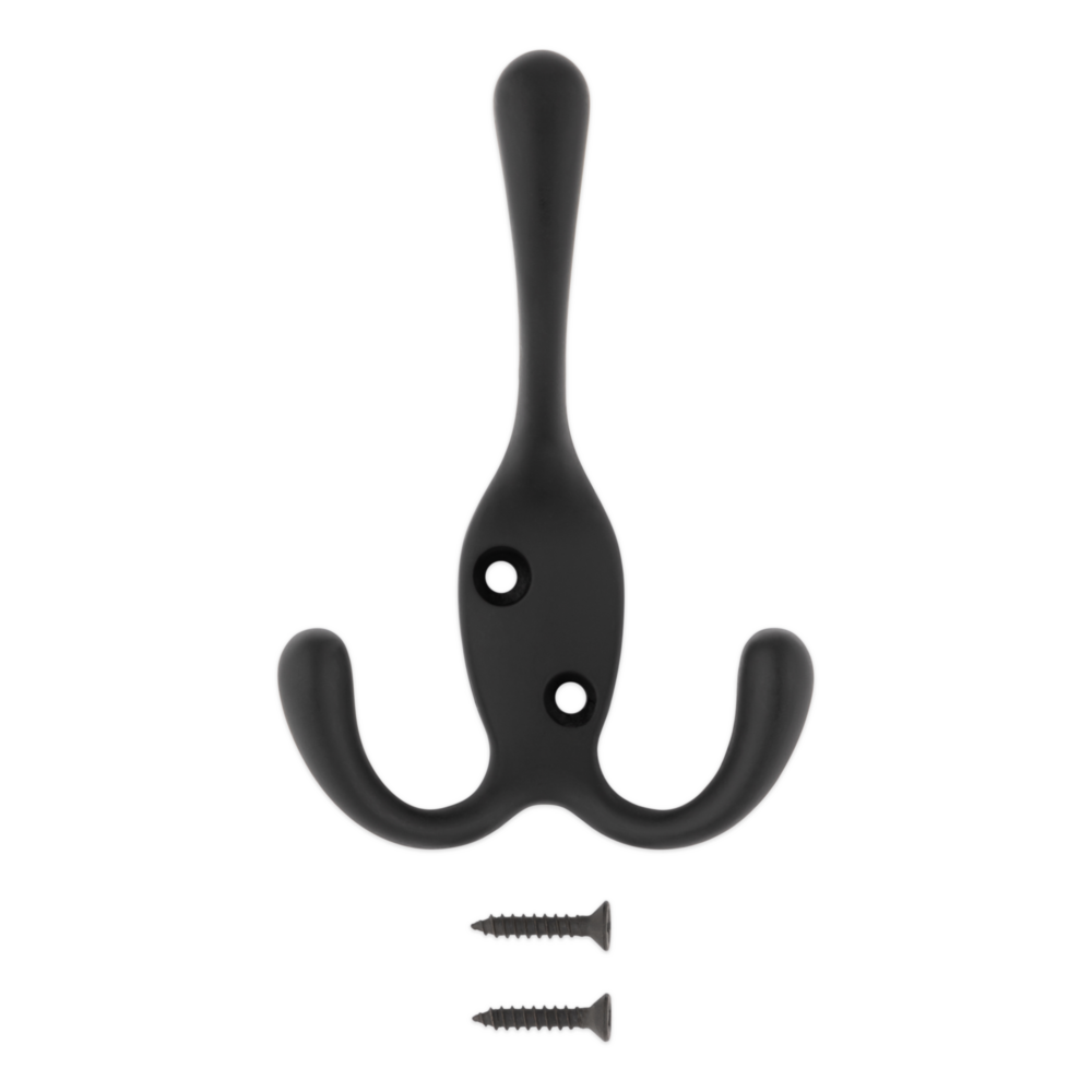 Matte black triple robe hook with two included screws for closet organization and home improvement projects under $50