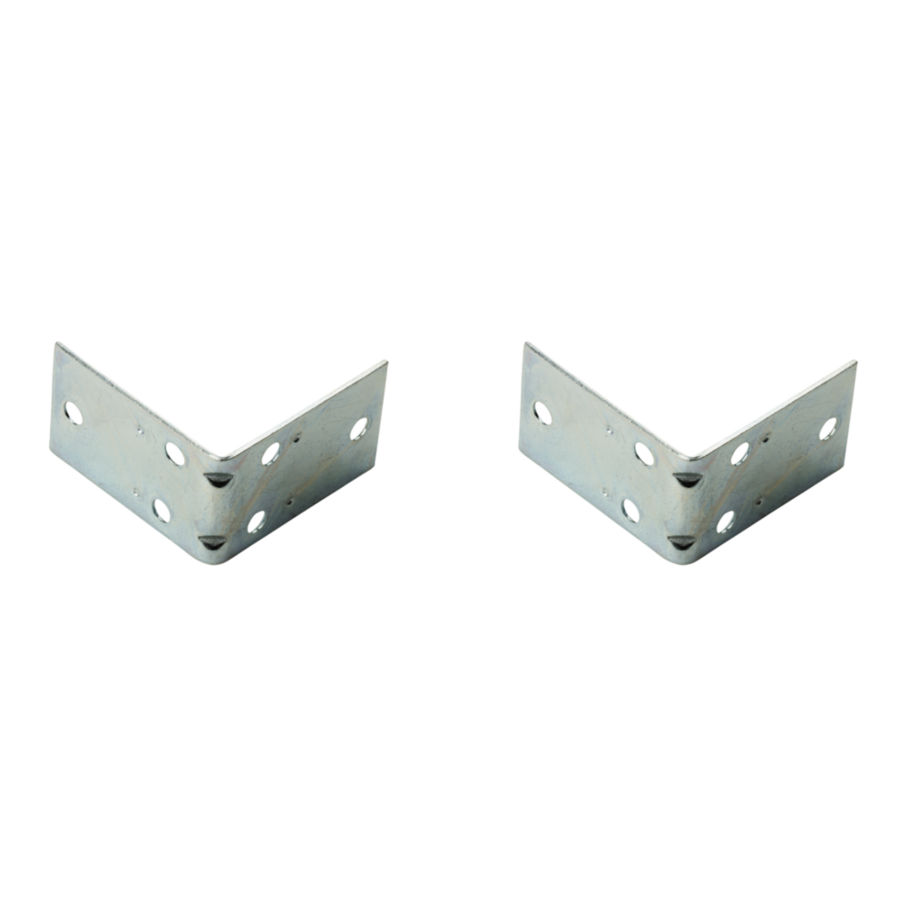 Two zinc-plated steel corner braces for reinforcing right angle joints, ideal for lumber and building hardware projects