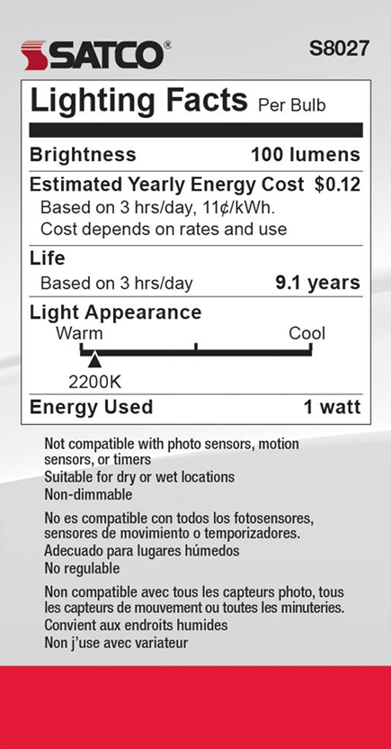 Lighting facts label for Satco LED string light bulb showing brightness, energy cost, lifespan, and color temperature in multiple languages