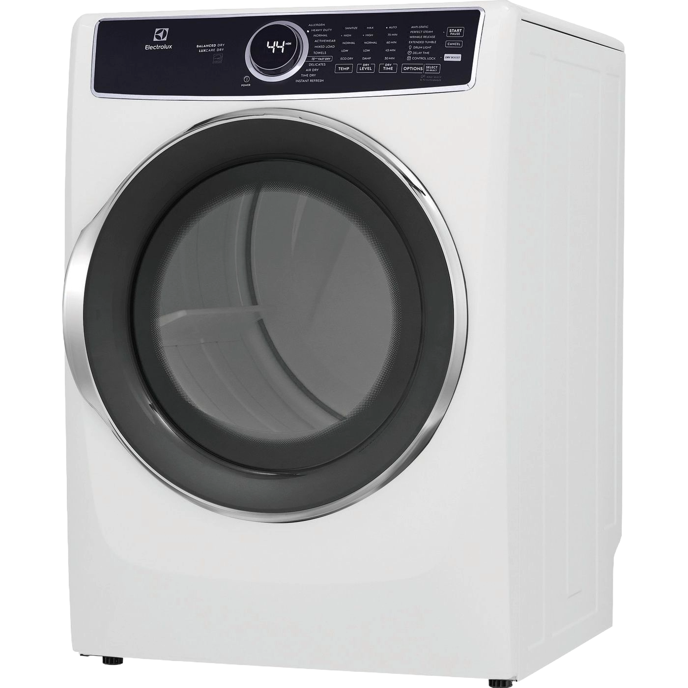 White front load gas dryer with digital control panel and circular door in Dryers and Appliances collections