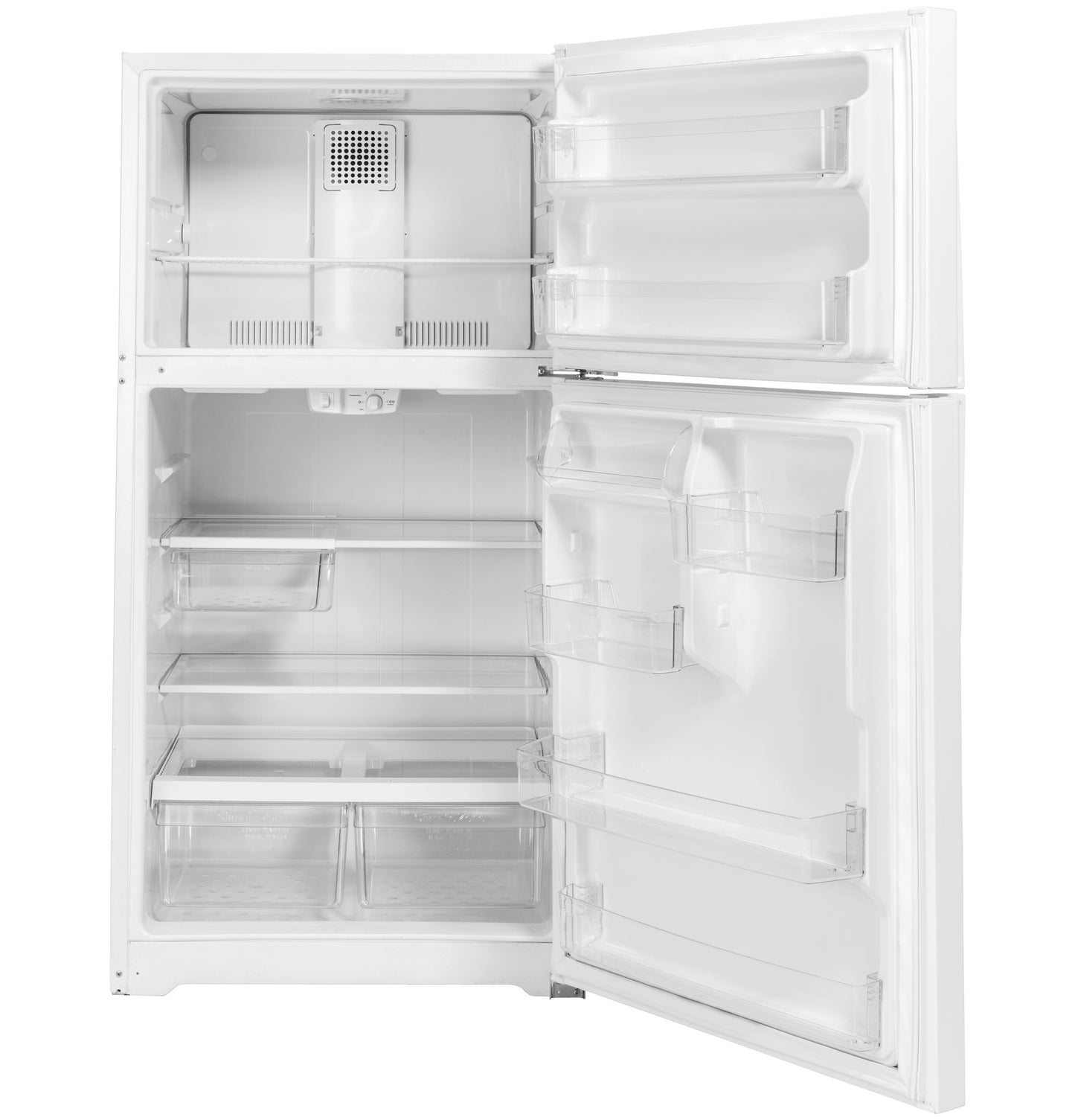 Open white top-freezer refrigerator showing adjustable shelves and clear door bins for Refrigerators and Kitchen & Kitchenware collections