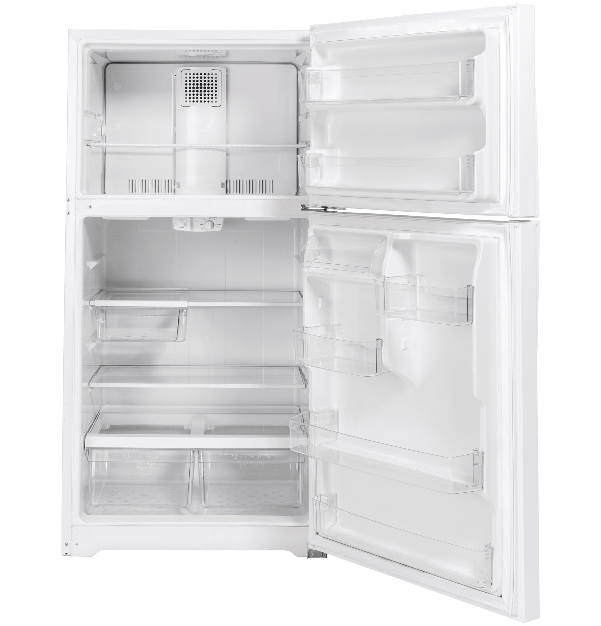 Open white top-freezer refrigerator showing adjustable shelves and clear door bins for Refrigerators and Kitchen & Kitchenware collections