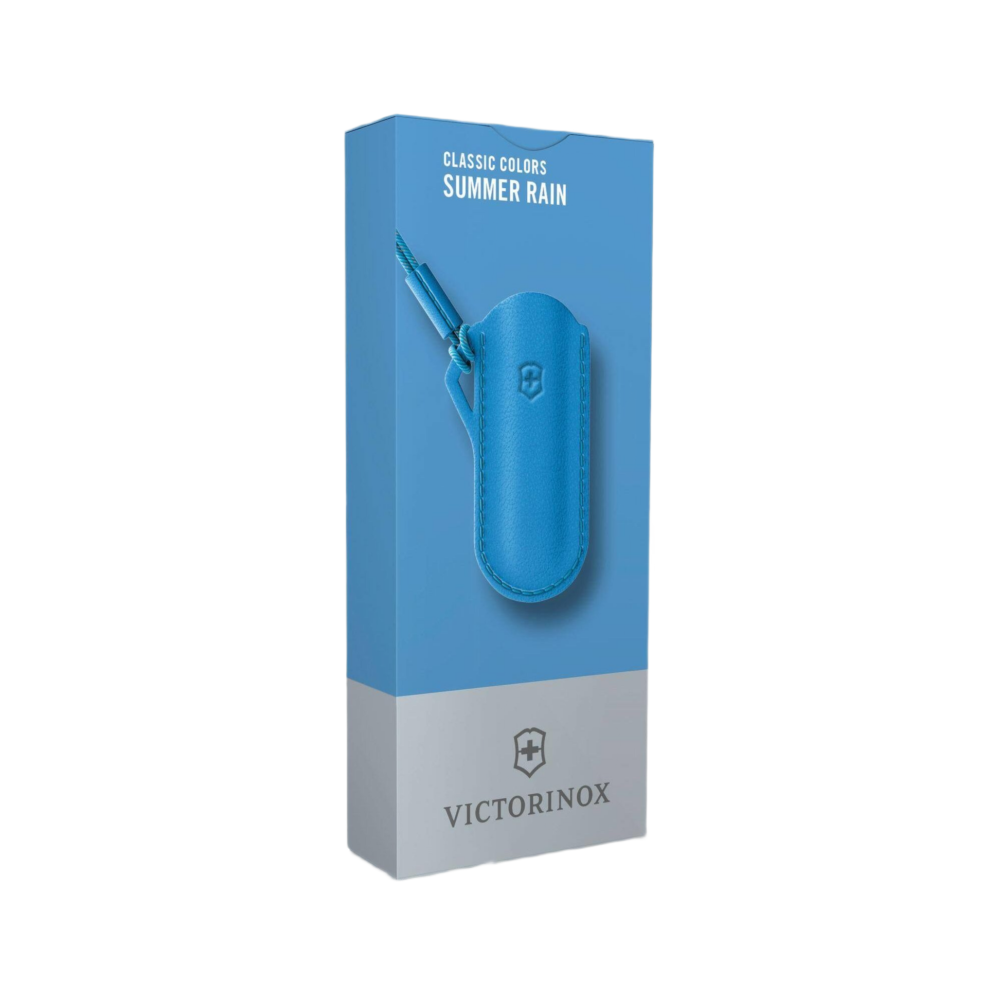 Blue leather Victorinox pouch with embossed logo and cord for compact tool protection and storage in home improvement projects