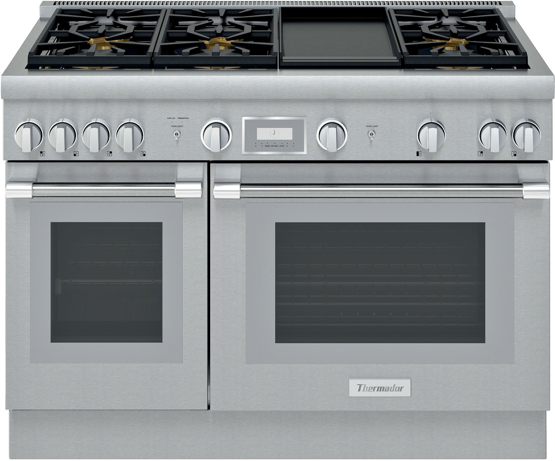 stainless steel gas range with dual ovens, multiple burners, and integrated griddle in professional kitchen appliances