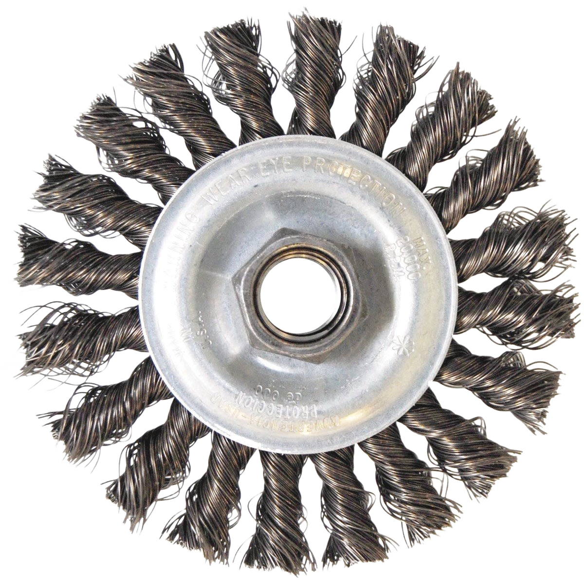 Round twist knot wire wheel for angle grinders, used in power tool accessories and home improvement tasks