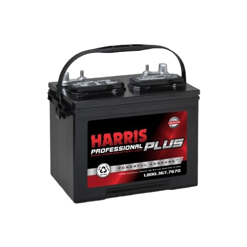 Black marine deep cycle battery with red and black Harris Professional Plus label for automotive use