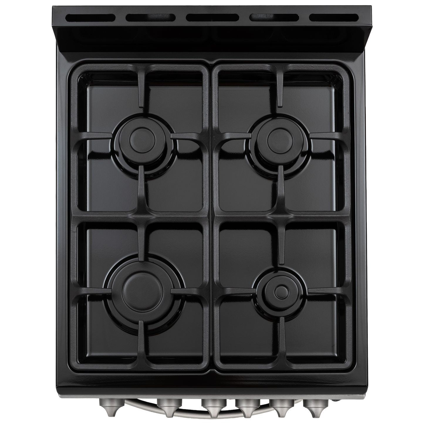 Top view of a black four-burner gas range with metallic control knobs, part of kitchen appliances and ranges collection