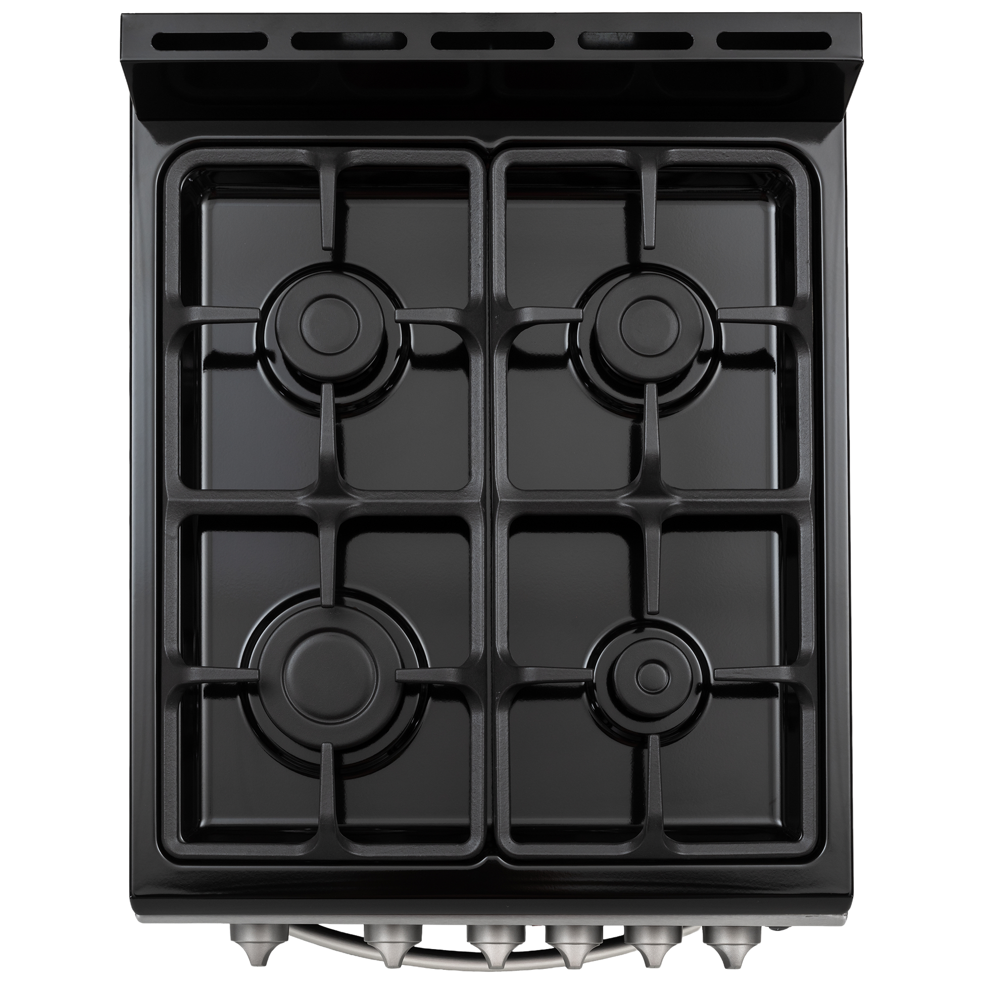Top view of a black four-burner gas range with metallic control knobs, part of kitchen appliances and ranges collection