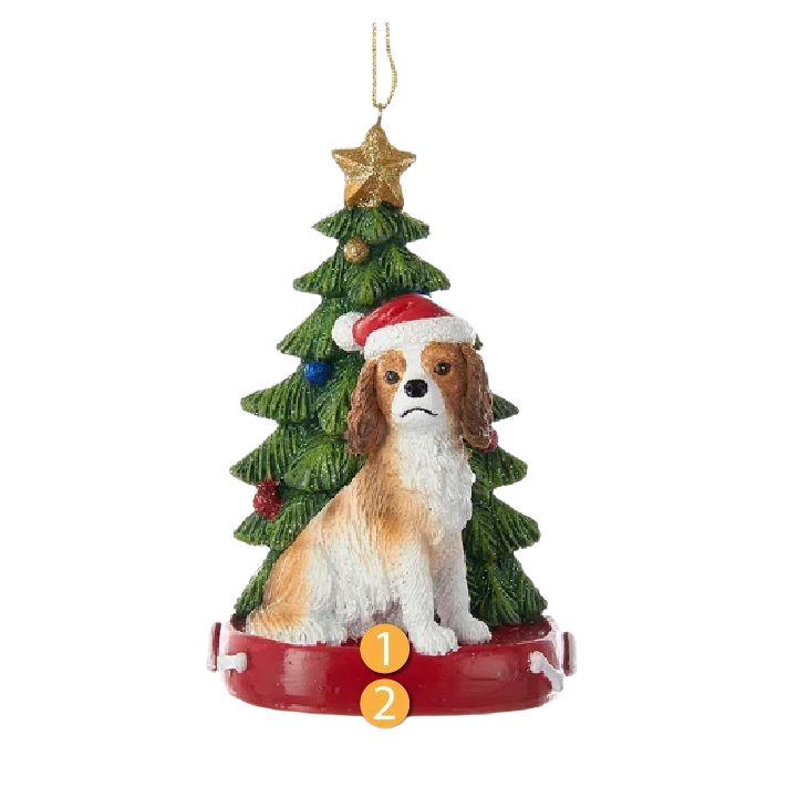 Festive Christmas ornament featuring a King Charles dog with Santa hat and decorated tree under $50 holiday decor