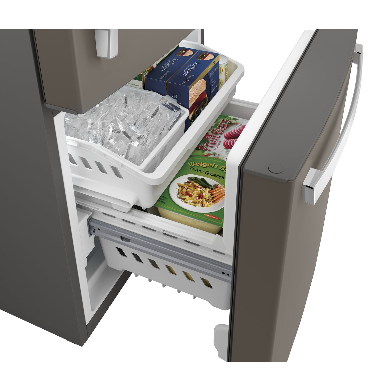 Bottom freezer drawer opened revealing ice bin and frozen food packages inside modern refrigerator appliance