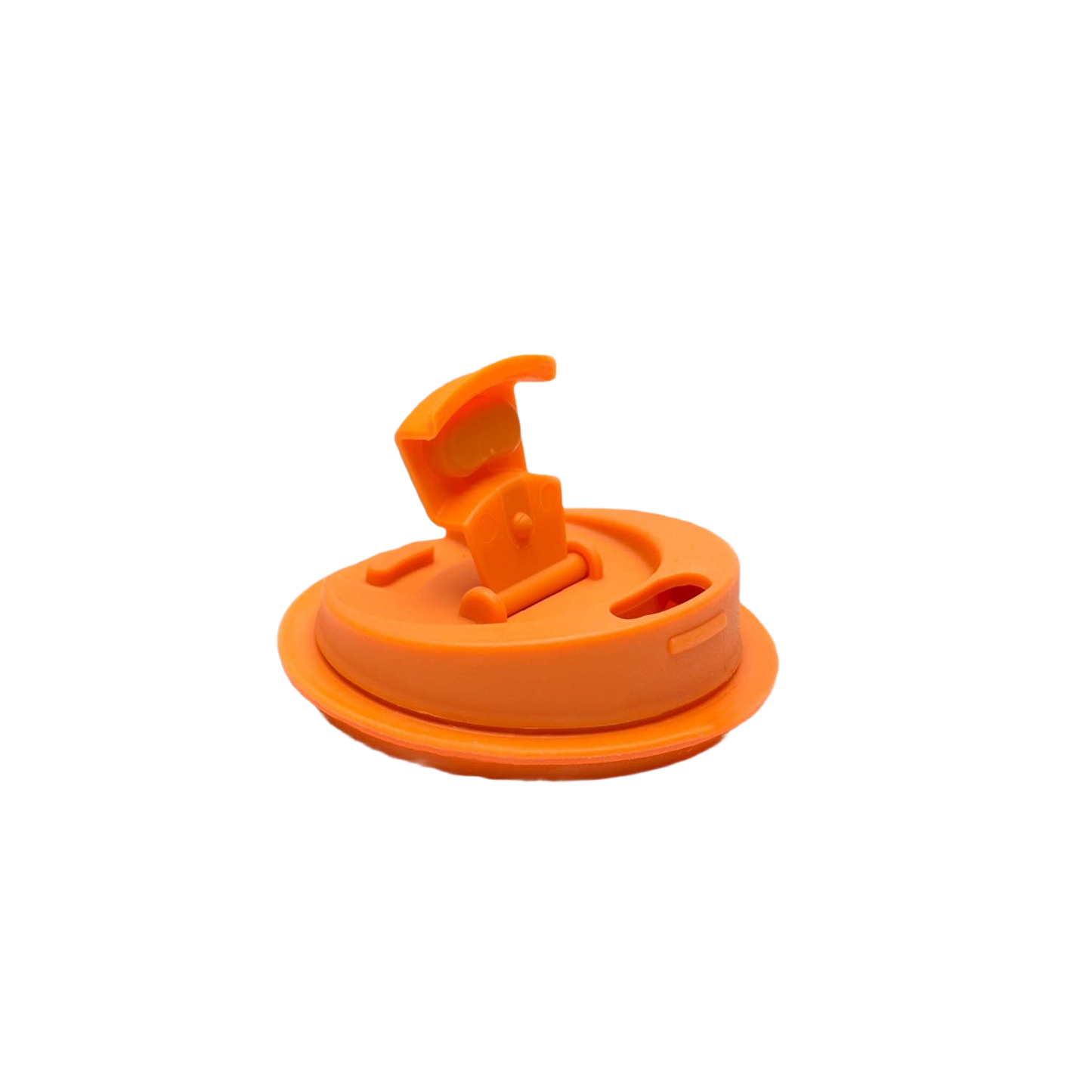 Orange plastic lid top for mason jars with a flip-up drinking spout for home use and beverage storage.