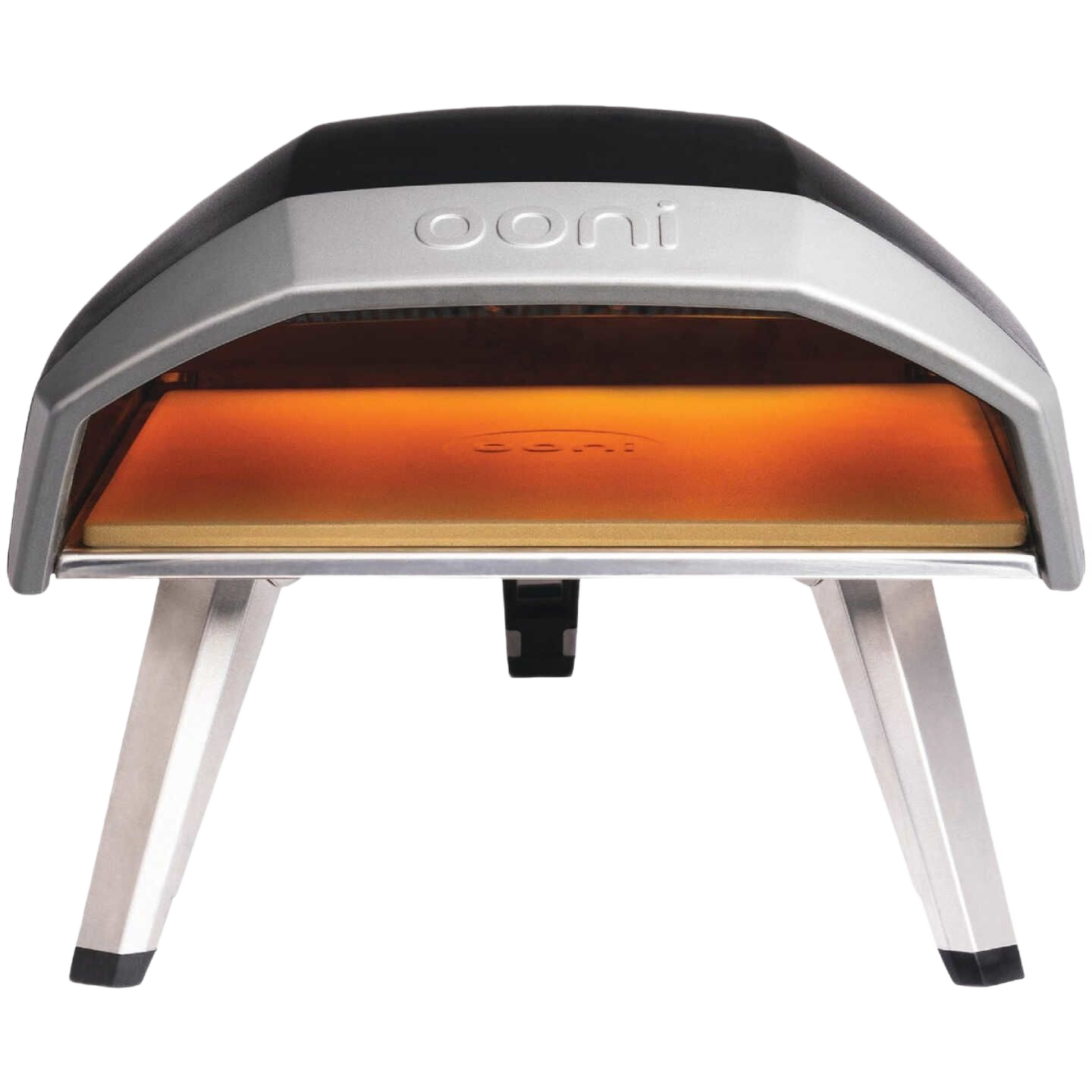 Compact black and silver propane pizza oven with sturdy legs for outdoor living and portable grills collection