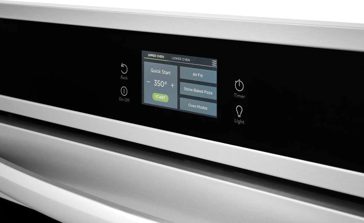 Digital touchscreen control panel on stainless steel double wall oven with stone-baked pizza feature from Wall Ovens collection