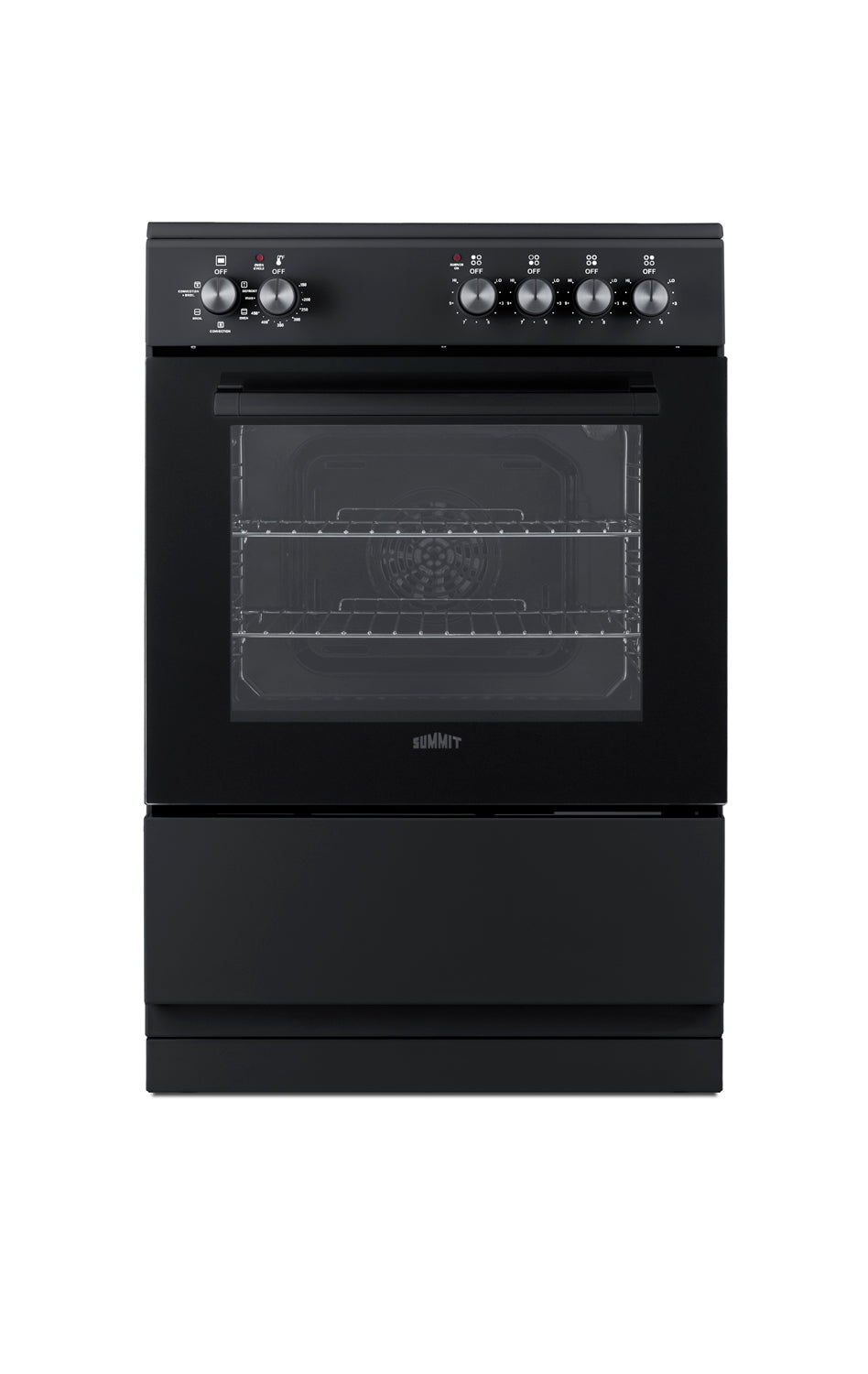 Black electric smooth-top range with multiple control knobs and clear oven door for compact kitchen spaces