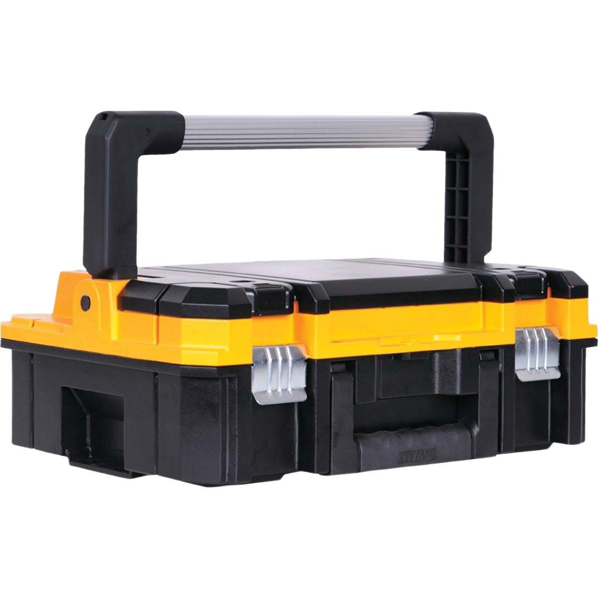 Compact black and yellow tool storage box with reinforced handle for workshop and jobsite organization